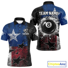 Load image into Gallery viewer, Men's billiard polo featuring distressed Texas flag and realistic 8 ball graphics, personalized performance apparel for Texas pool teams, rodeo enthusiasts, outdoor lifestyle and APA leagues, symbolizing independence, pride and resilience.