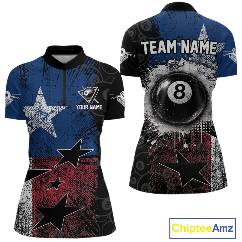 Women's quarter-zip billiard jersey featuring grunge Texas flag with glowing 8 ball artwork, premium tournament apparel for Texas championships, billiard clubs and competitive teams, representing resilience, pride and determination.