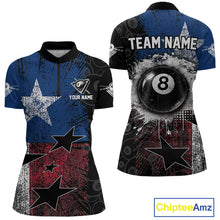 Load image into Gallery viewer, Women's quarter-zip billiard jersey featuring grunge Texas flag with glowing 8 ball artwork, premium tournament apparel for Texas championships, billiard clubs and competitive teams, representing resilience, pride and determination.