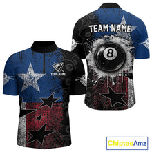 Load image into Gallery viewer, Men's quarter-zip billiard jersey featuring Texas flag grunge artwork with glowing 8 ball graphics, premium tournament apparel for Texas championships, billiard clubs and league teams, representing heritage, courage and competitive excellence.