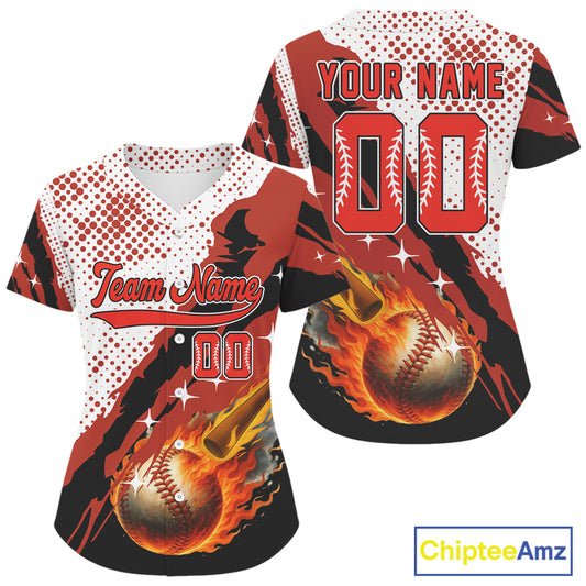 Custom Red And White Flames Baseball Ball Jersey For Women Baseball Tournament Shirt NYN0942