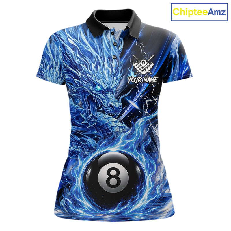 Fire Flame Blue 8 Ball Billiard Dragon Shirts For Women Custom Dragon Team Billiard Jerseys NYN3950