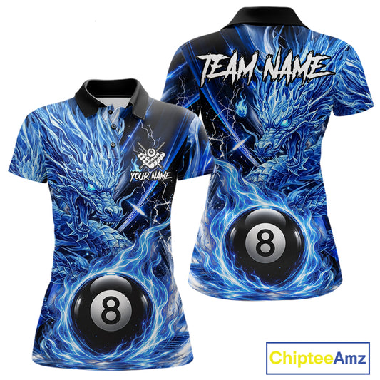Fire Flame Blue 8 Ball Billiard Dragon Shirts For Women Custom Dragon Team Billiard Jerseys NYN3950