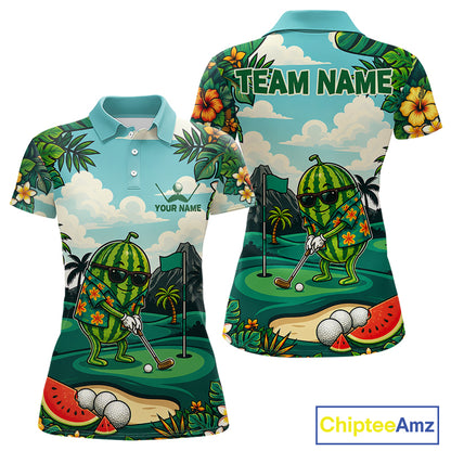 Funny Watermelon Golfer Womens Monstera Tropical Polo Shirts Custom Golf Team Outfits Golf Gifts NYN3961