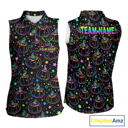 Rainbow Holographic Pumpkin Golf Sleeveless Polo Shirt Custom Halloween Golf Team Attire For Womens NYN3962