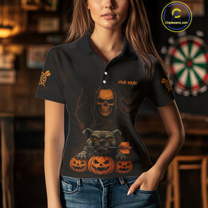Custom Skeleton Bulldog Dartboard Halloween Orange Dart Women Polo Shirt Dart Jerseys NYN1557