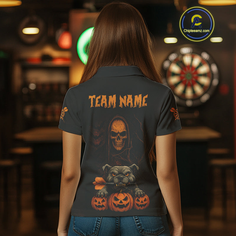 Custom Skeleton Bulldog Dartboard Halloween Orange Dart Women Polo Shirt Dart Jerseys NYN1557