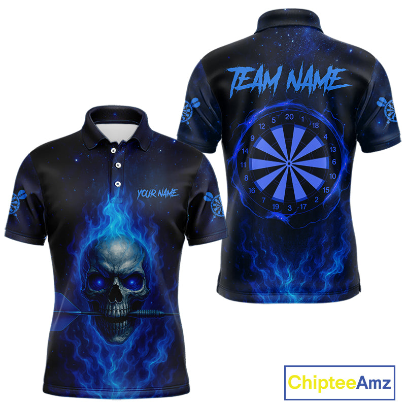 Custom Fire Flames Blue Skull Dart Arrow Dart Men Polo Shirt Outfits Dart Jerseys NYN1558