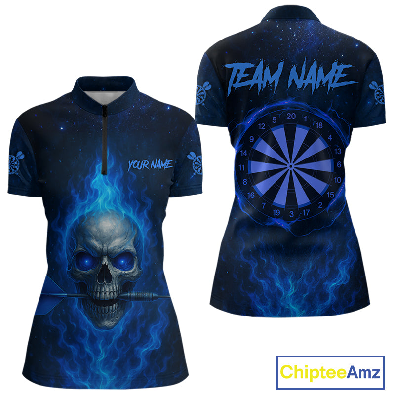 Custom Fire Flames Blue Skull Dart Arrow Dart Women 1/4-Zip Shirt Outfits Dart Jerseys NYN1558