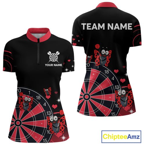 Custom Black And Red Butterflies Funny Dart Women 1/4-Zip Shirt Dart Team Jerseys NYN1561