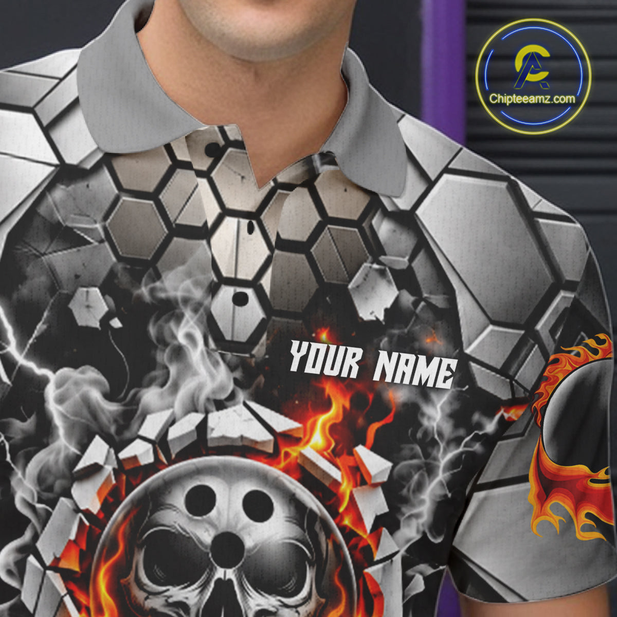 Red Flames Skull Bowling Ball Pins Polo 1/4-Zip Shirt For Men Custom Skull Bowling Tournament Jersey NYN4728