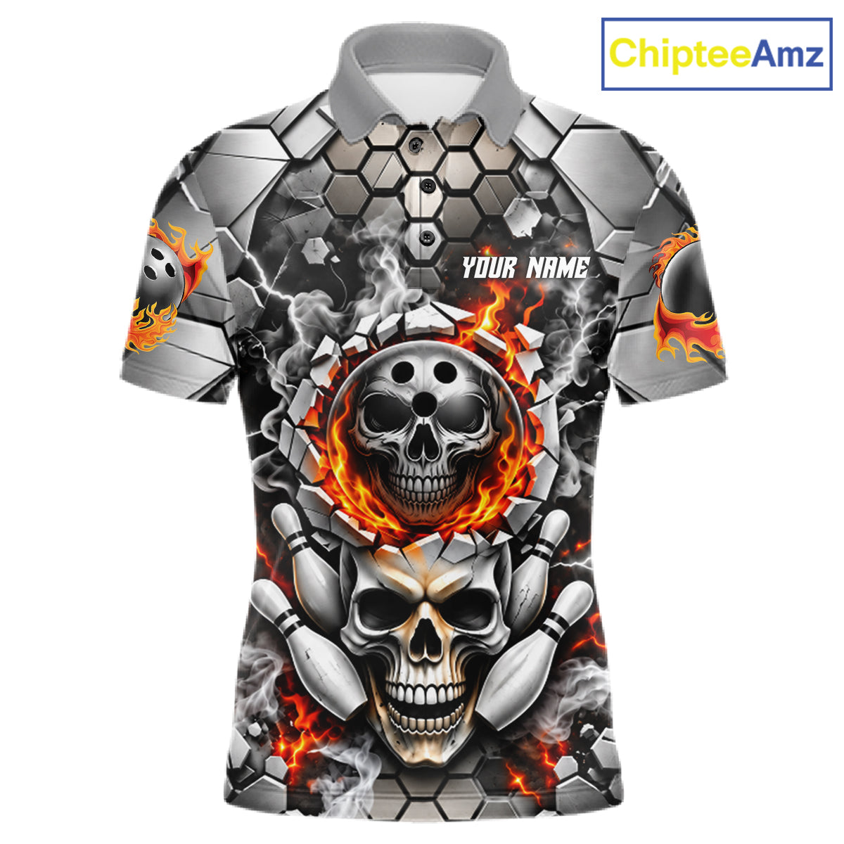 Red Flames Skull Bowling Ball Pins Polo 1/4-Zip Shirt For Men Custom Skull Bowling Tournament Jersey NYN4728
