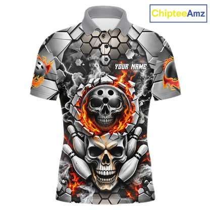Red Flames Skull Bowling Ball Pins Polo 1/4-Zip Shirt For Men Custom Skull Bowling Tournament Jersey NYN4728