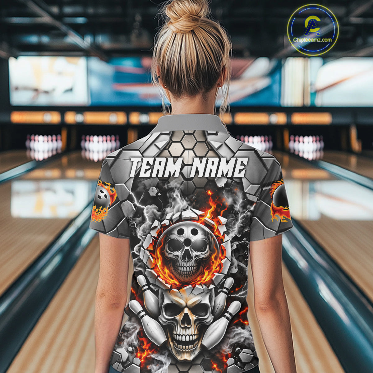 Red Flames Skull Bowling Ball Pins Polo 1/4-Zip Shirt For Women Custom Skull Bowling Tournament Jersey NYN4728