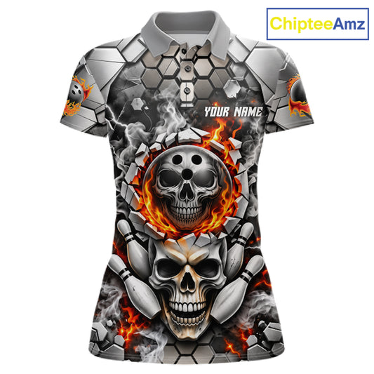 Red Flames Skull Bowling Ball Pins Polo 1/4-Zip Shirt For Women Custom Skull Bowling Tournament Jersey NYN4728