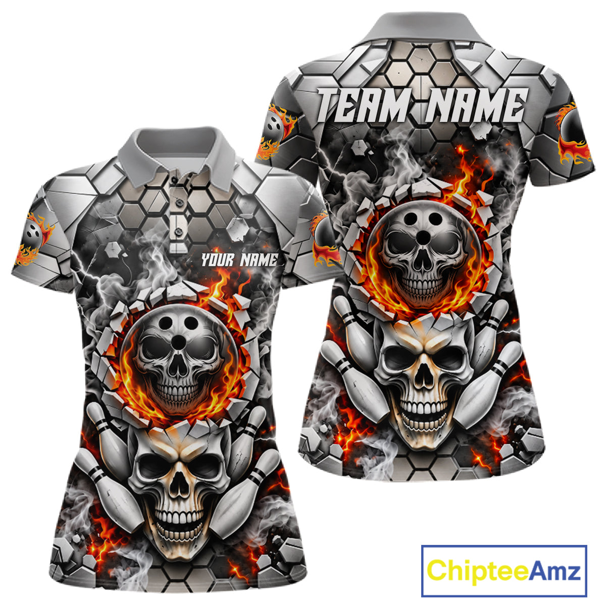 Red Flames Skull Bowling Ball Pins Polo 1/4-Zip Shirt For Women Custom Skull Bowling Tournament Jersey NYN4728