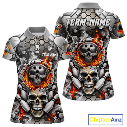 Red Flames Skull Bowling Ball Pins Polo 1/4-Zip Shirt For Women Custom Skull Bowling Tournament Jersey NYN4728