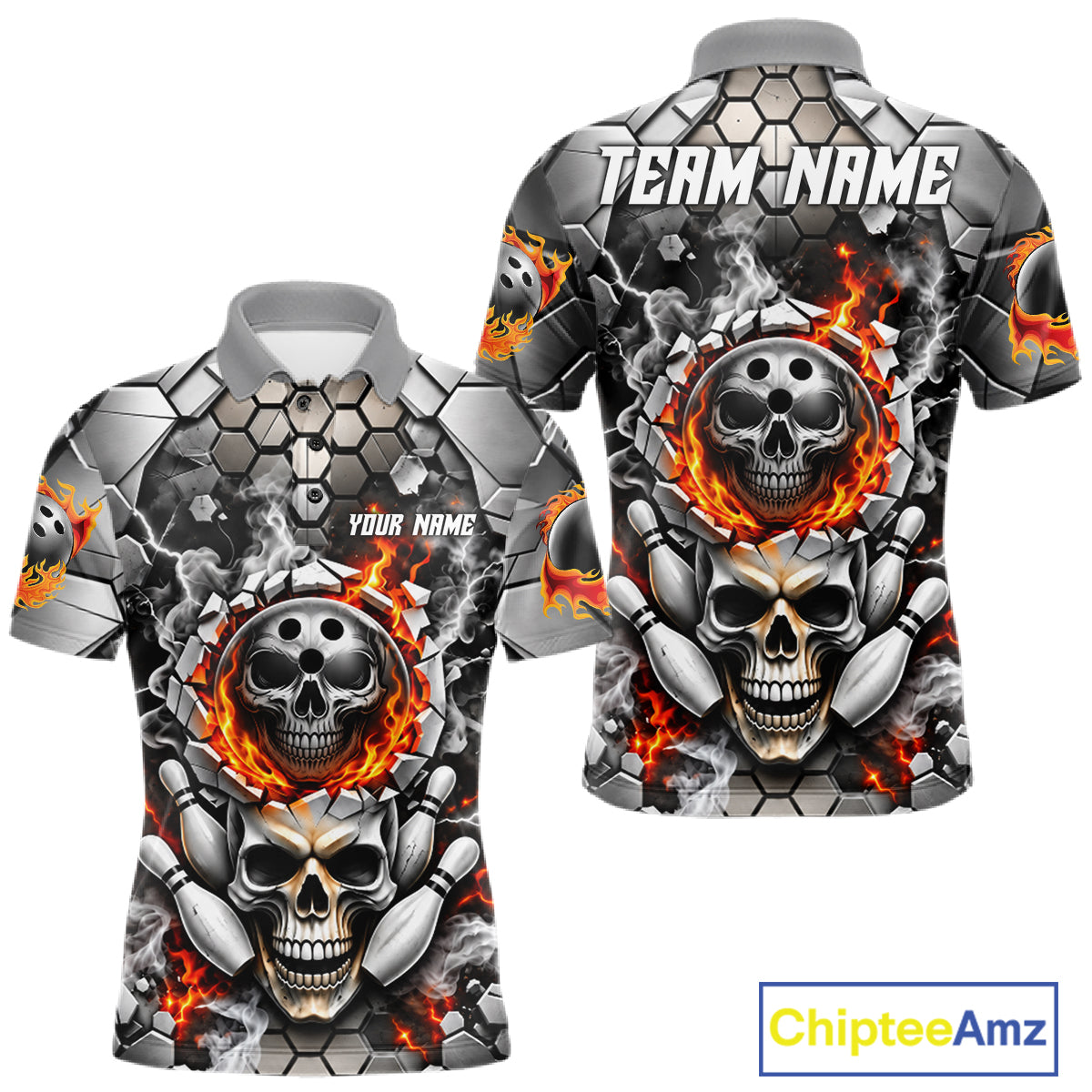 Red Flames Skull Bowling Ball Pins Polo 1/4-Zip Shirt For Men Custom Skull Bowling Tournament Jersey NYN4728