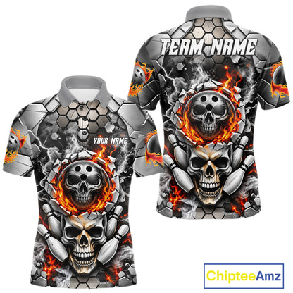 Red Flames Skull Bowling Ball Pins Polo 1/4-Zip Shirt For Men Custom Skull Bowling Tournament Jersey NYN4728