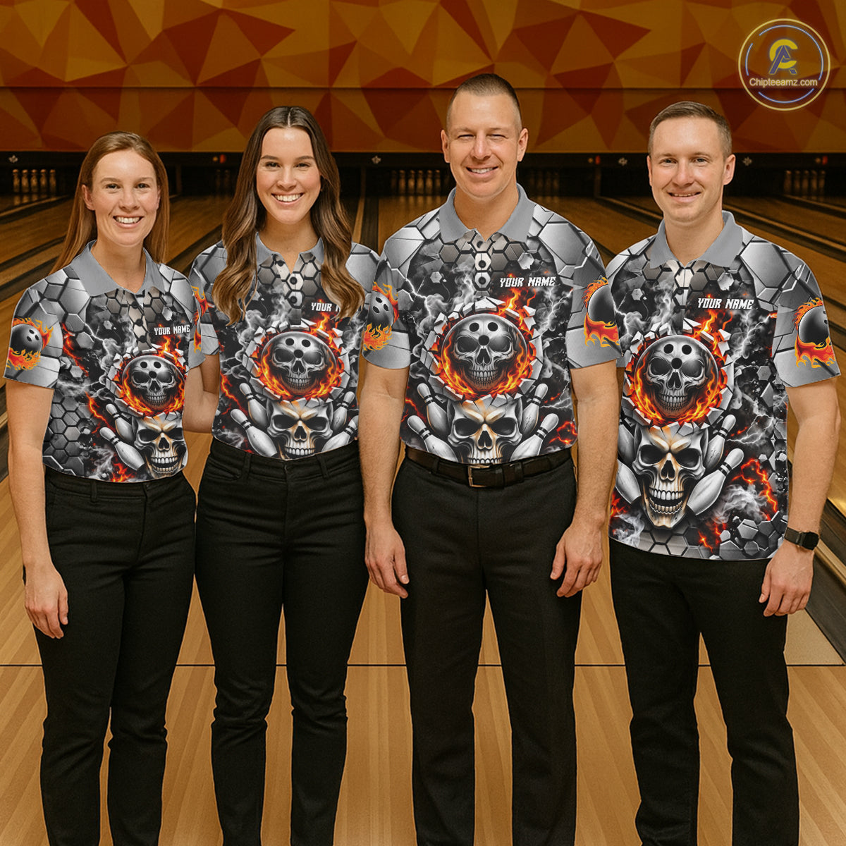 Red Flames Skull Bowling Ball Pins Polo 1/4-Zip Shirt For Men Custom Skull Bowling Tournament Jersey NYN4728