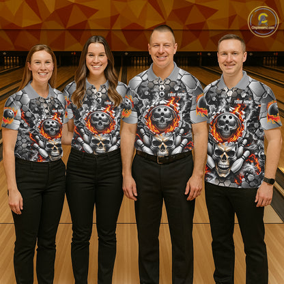 Red Flames Skull Bowling Ball Pins Polo 1/4-Zip Shirt For Men Custom Skull Bowling Tournament Jersey NYN4728
