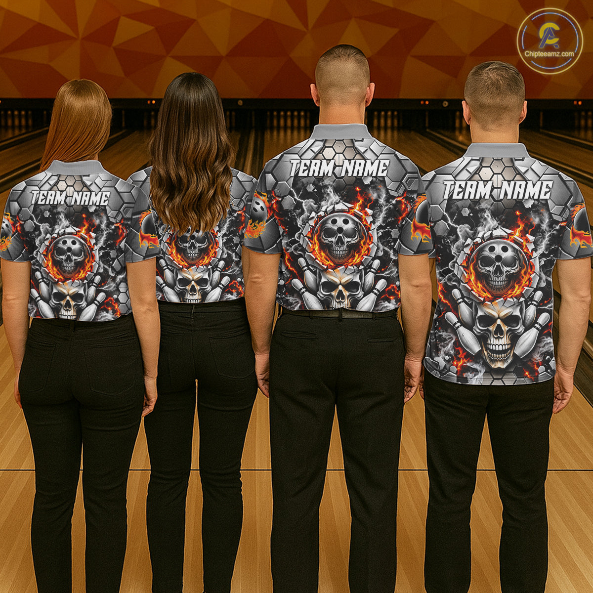Red Flames Skull Bowling Ball Pins Polo 1/4-Zip Shirt For Men Custom Skull Bowling Tournament Jersey NYN4728