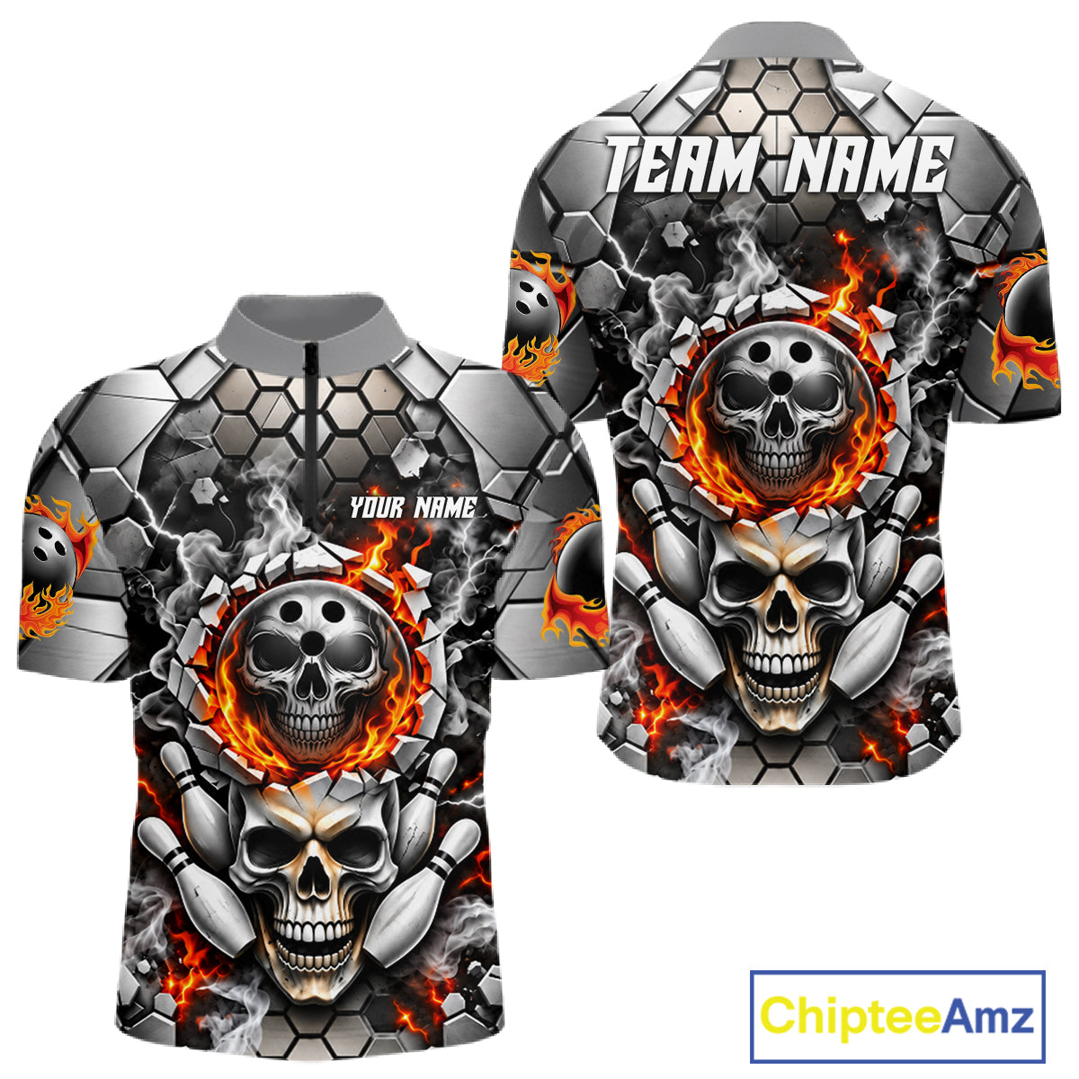Red Flames Skull Bowling Ball Pins Polo 1/4-Zip Shirt For Men Custom Skull Bowling Tournament Jersey NYN4728