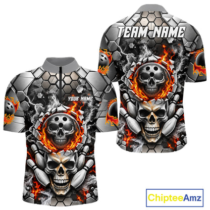 Red Flames Skull Bowling Ball Pins Polo 1/4-Zip Shirt For Men Custom Skull Bowling Tournament Jersey NYN4728