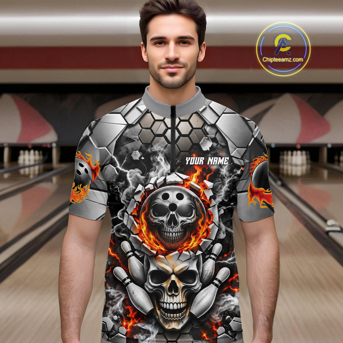 Red Flames Skull Bowling Ball Pins Polo 1/4-Zip Shirt For Men Custom Skull Bowling Tournament Jersey NYN4728