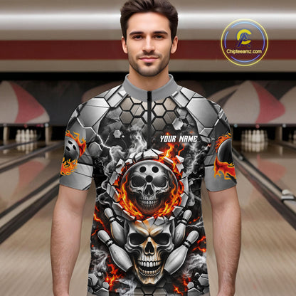 Red Flames Skull Bowling Ball Pins Polo 1/4-Zip Shirt For Men Custom Skull Bowling Tournament Jersey NYN4728