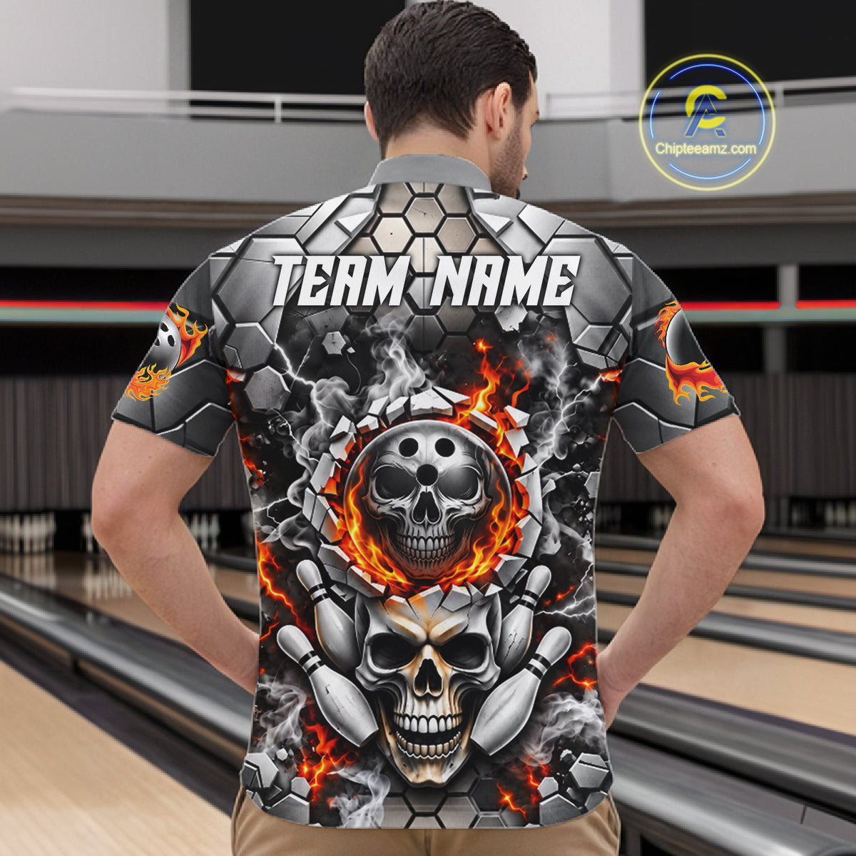 Red Flames Skull Bowling Ball Pins Polo 1/4-Zip Shirt For Men Custom Skull Bowling Tournament Jersey NYN4728