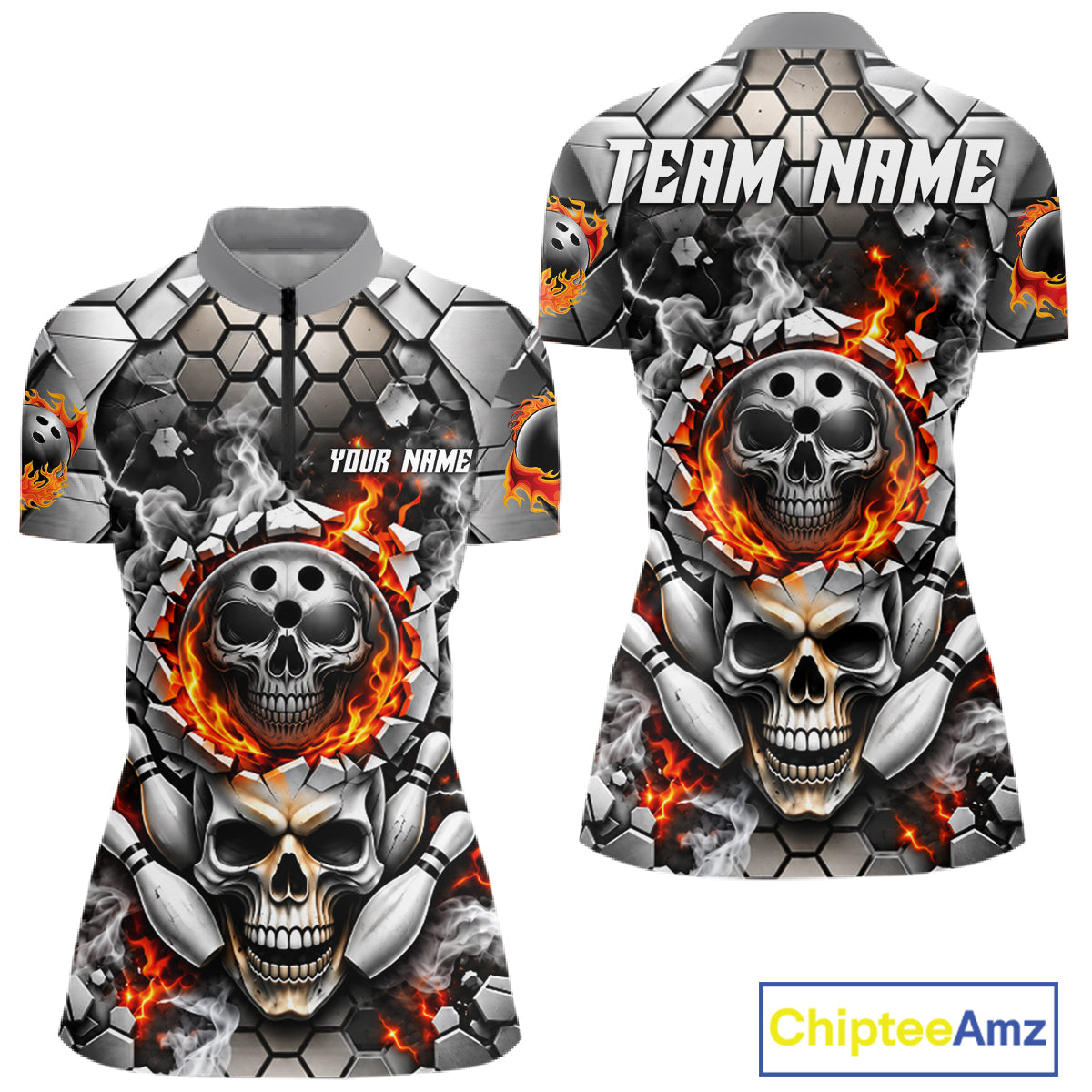 Red Flames Skull Bowling Ball Pins Polo 1/4-Zip Shirt For Women Custom Skull Bowling Tournament Jersey NYN4728
