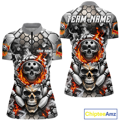 Red Flames Skull Bowling Ball Pins Polo 1/4-Zip Shirt For Women Custom Skull Bowling Tournament Jersey NYN4728