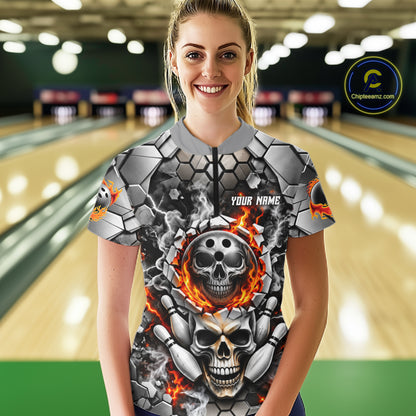 Red Flames Skull Bowling Ball Pins Polo 1/4-Zip Shirt For Women Custom Skull Bowling Tournament Jersey NYN4728