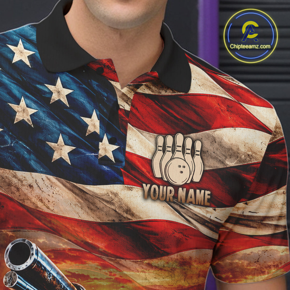 Fire & Gun Retro Bowling Polo 1/4-Zip Shirt For Men Personalized US Flag Cowboy Skull Bowling Jersey NYN4729