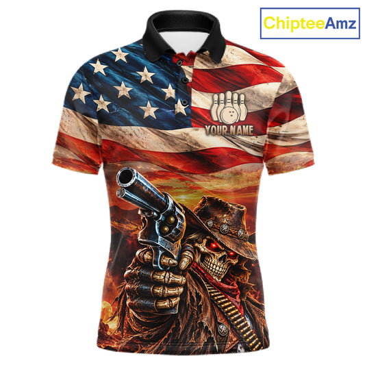 Fire & Gun Retro Bowling Polo 1/4-Zip Shirt For Men Personalized US Flag Cowboy Skull Bowling Jersey NYN4729