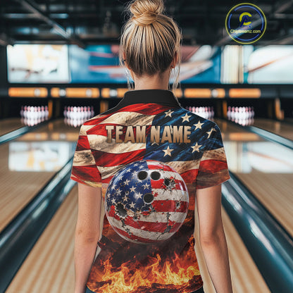 Fire & Gun Retro Bowling Polo 1/4-Zip Shirt For Women Personalized US Flag Cowboy Skull Bowling Jersey NYN4729