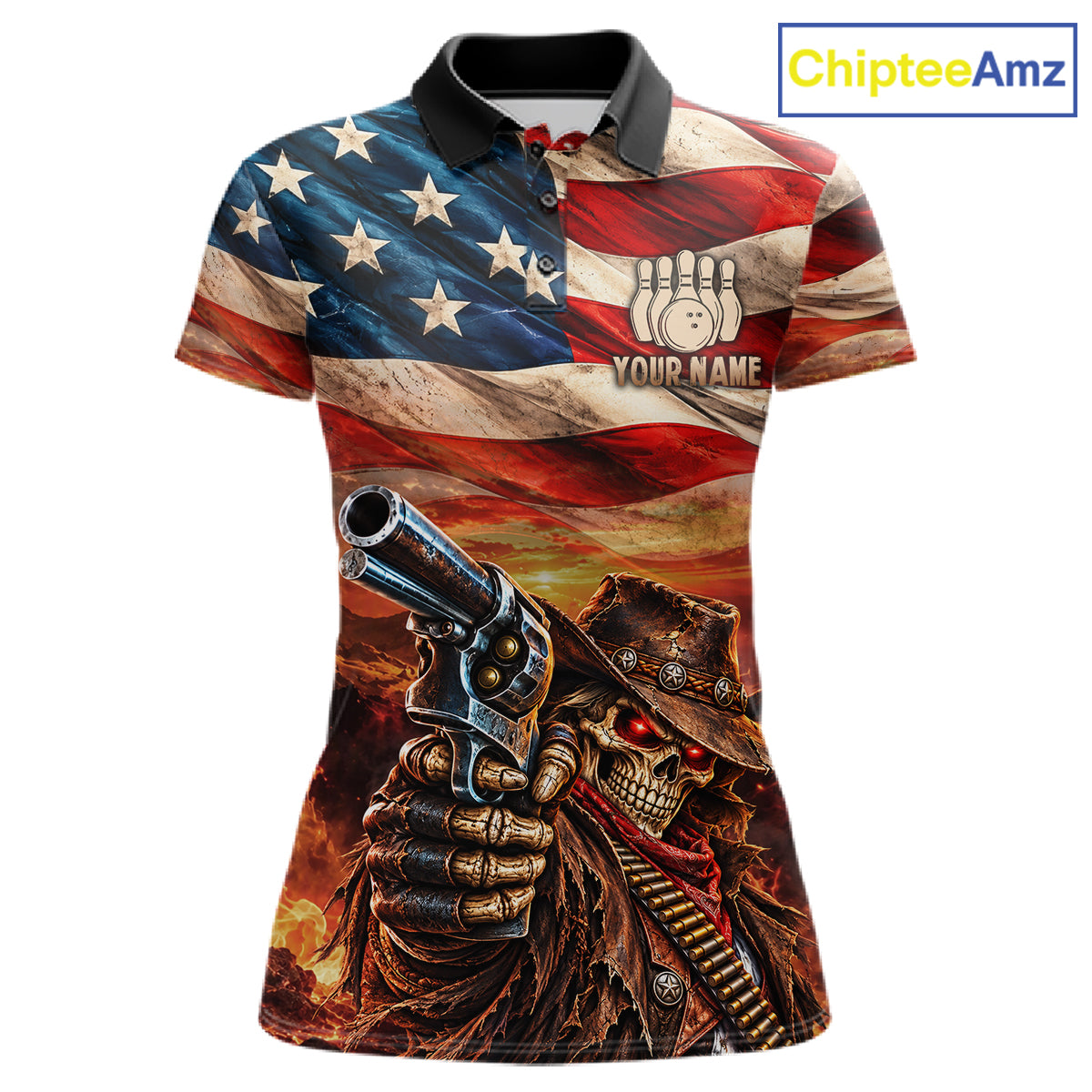 Fire & Gun Retro Bowling Polo 1/4-Zip Shirt For Women Personalized US Flag Cowboy Skull Bowling Jersey NYN4729