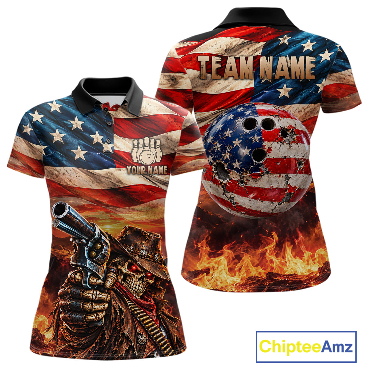 Fire & Gun Retro Bowling Polo 1/4-Zip Shirt For Women Personalized US Flag Cowboy Skull Bowling Jersey NYN4729