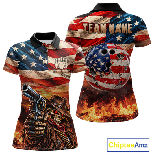 Fire & Gun Retro Bowling Polo 1/4-Zip Shirt For Women Personalized US Flag Cowboy Skull Bowling Jersey NYN4729