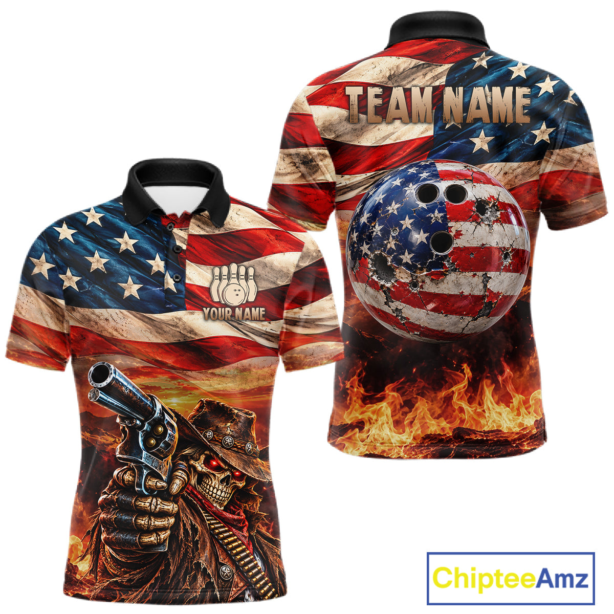 Fire & Gun Retro Bowling Polo 1/4-Zip Shirt For Men Personalized US Flag Cowboy Skull Bowling Jersey NYN4729