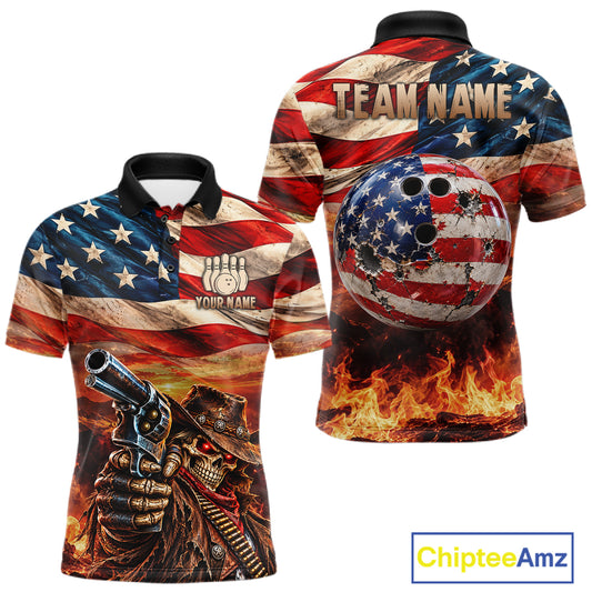 Fire & Gun Retro Bowling Polo 1/4-Zip Shirt For Men Personalized US Flag Cowboy Skull Bowling Jersey NYN4729