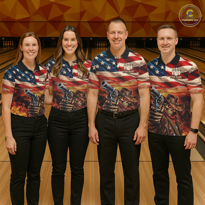 Fire & Gun Retro Bowling Polo 1/4-Zip Shirt For Men Personalized US Flag Cowboy Skull Bowling Jersey NYN4729