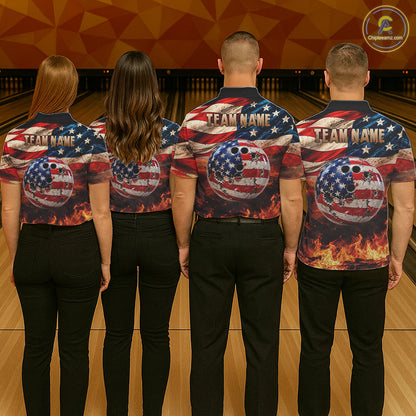 Fire & Gun Retro Bowling Polo 1/4-Zip Shirt For Men Personalized US Flag Cowboy Skull Bowling Jersey NYN4729