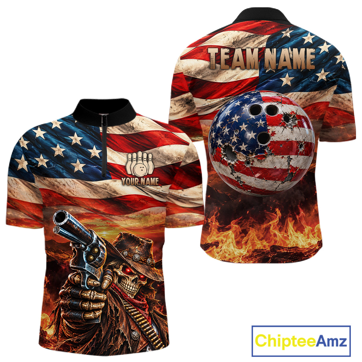 Fire & Gun Retro Bowling Polo 1/4-Zip Shirt For Men Personalized US Flag Cowboy Skull Bowling Jersey NYN4729