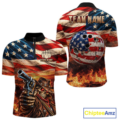 Fire & Gun Retro Bowling Polo 1/4-Zip Shirt For Men Personalized US Flag Cowboy Skull Bowling Jersey NYN4729