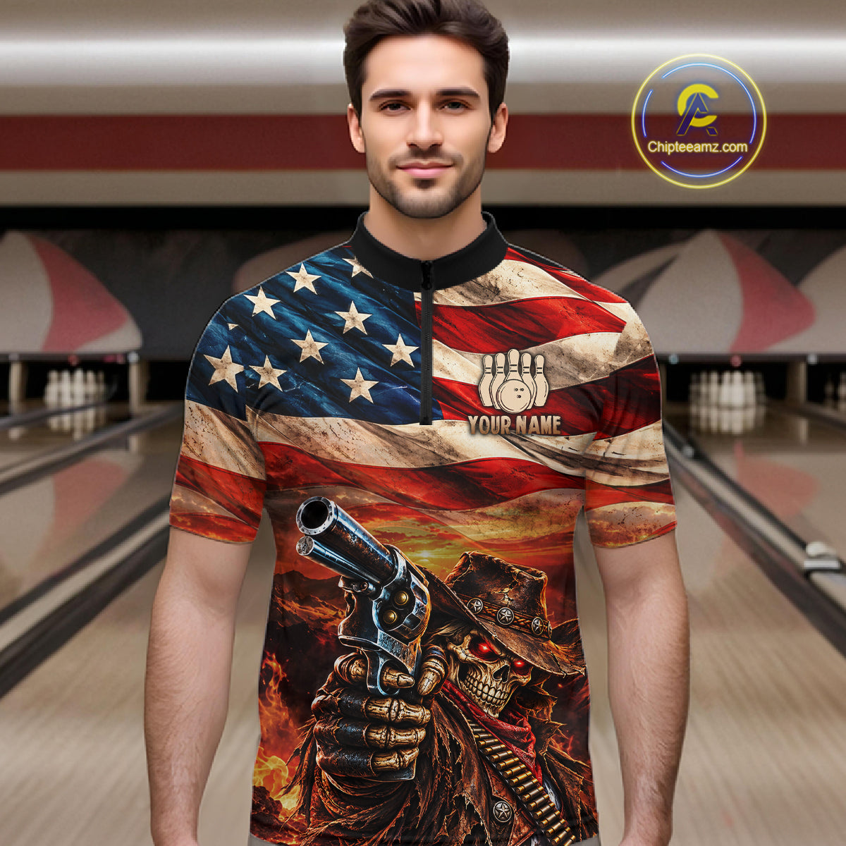 Fire & Gun Retro Bowling Polo 1/4-Zip Shirt For Men Personalized US Flag Cowboy Skull Bowling Jersey NYN4729