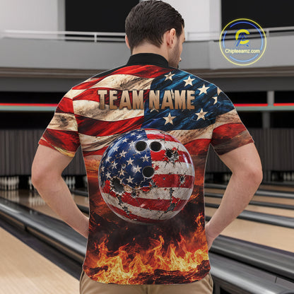 Fire & Gun Retro Bowling Polo 1/4-Zip Shirt For Men Personalized US Flag Cowboy Skull Bowling Jersey NYN4729