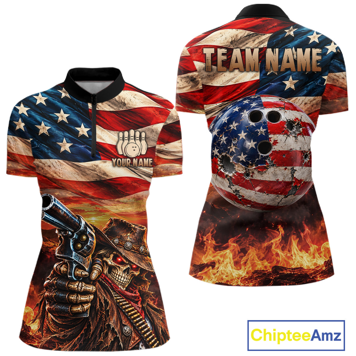 Fire & Gun Retro Bowling Polo 1/4-Zip Shirt For Women Personalized US Flag Cowboy Skull Bowling Jersey NYN4729