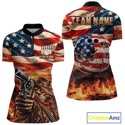 Fire & Gun Retro Bowling Polo 1/4-Zip Shirt For Women Personalized US Flag Cowboy Skull Bowling Jersey NYN4729
